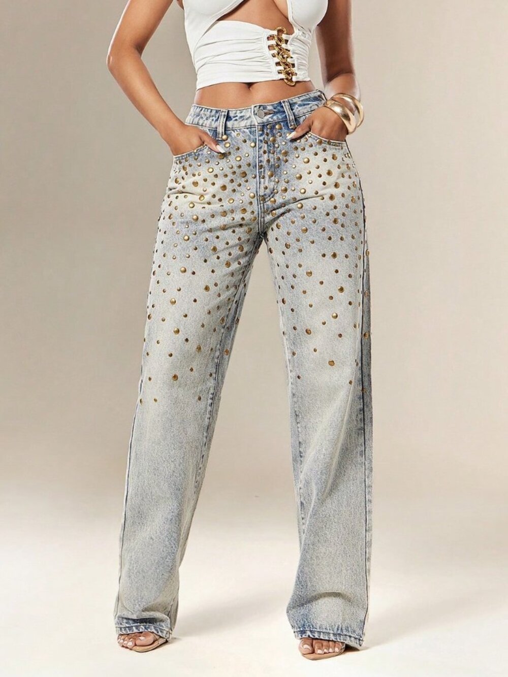 Medium Wash Casual Women's Studded Low Waist Zipper Fly Loose Straight Leg Jeans - Picture 3 of 5